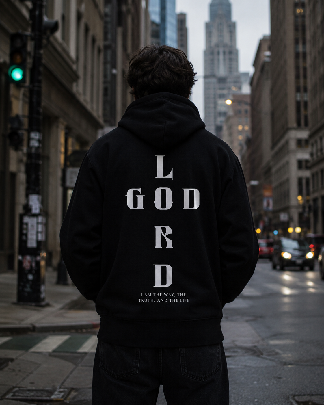 Man wearing a black Holy Wear LORD GOD hoodie on a city street